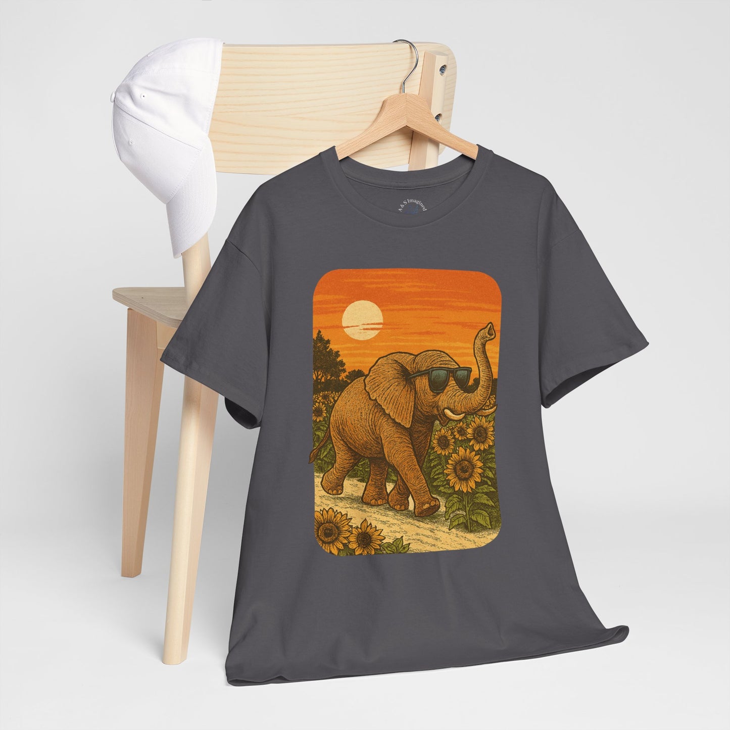 Elephant in Sunflower Field Tee | Vintage Sunset Nature Shirt | Retro Summer Aesthetic Elephant Graphic T-Shirt | Golden Hour Garden TShirt | Unisex Shirt