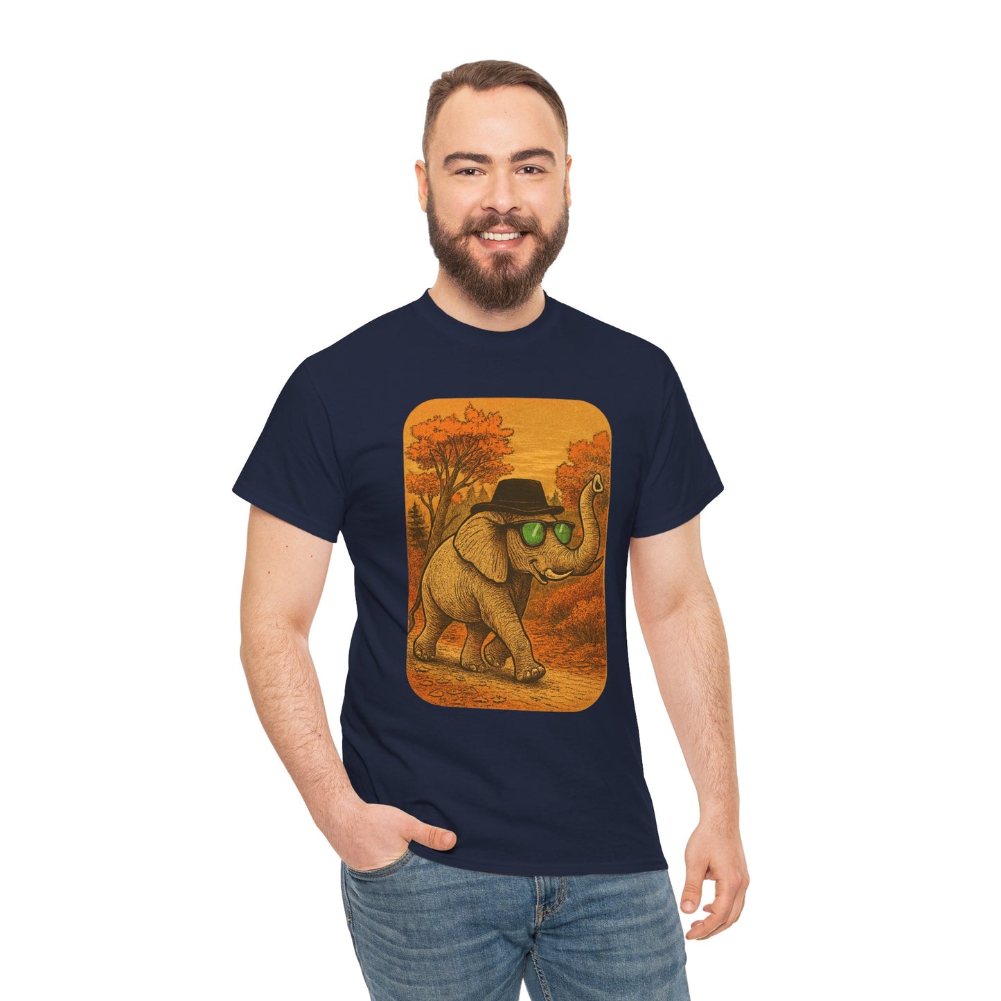 Elephant Autumn Stroll Tee | Vintage Fall Animal Shirt | Retro Nature Elephant Graphic T-Shirt | Cozy Fall Aesthetic TShirt | Unisex Casual Shirt