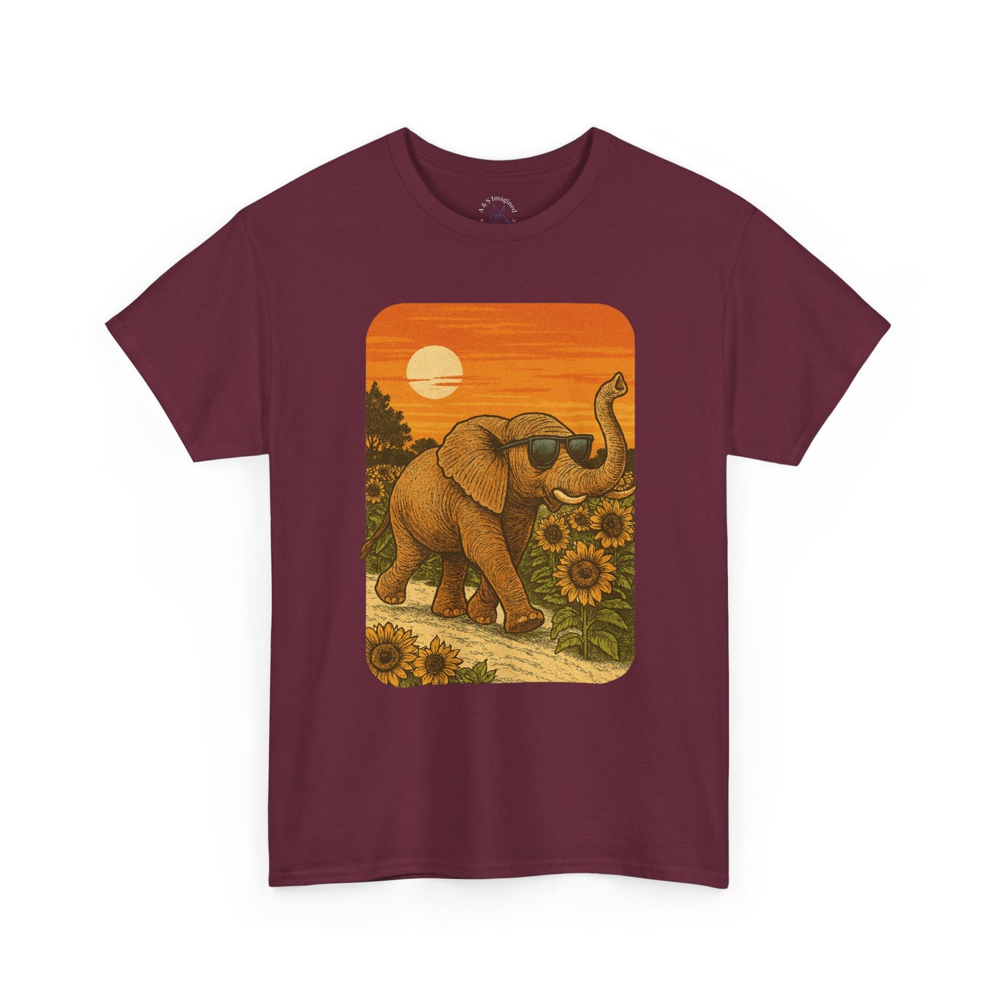 Elephant in Sunflower Field Tee | Vintage Sunset Nature Shirt | Retro Summer Aesthetic Elephant Graphic T-Shirt | Golden Hour Garden TShirt | Unisex Shirt