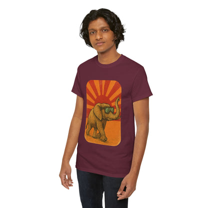 Elephant Sunset Rays Tee | Vintage Retro Animal Shirt | Summer Vibes Graphic T-Shirt | Warm Sunburst Elephant TShirt | Unisex Nature Shirt