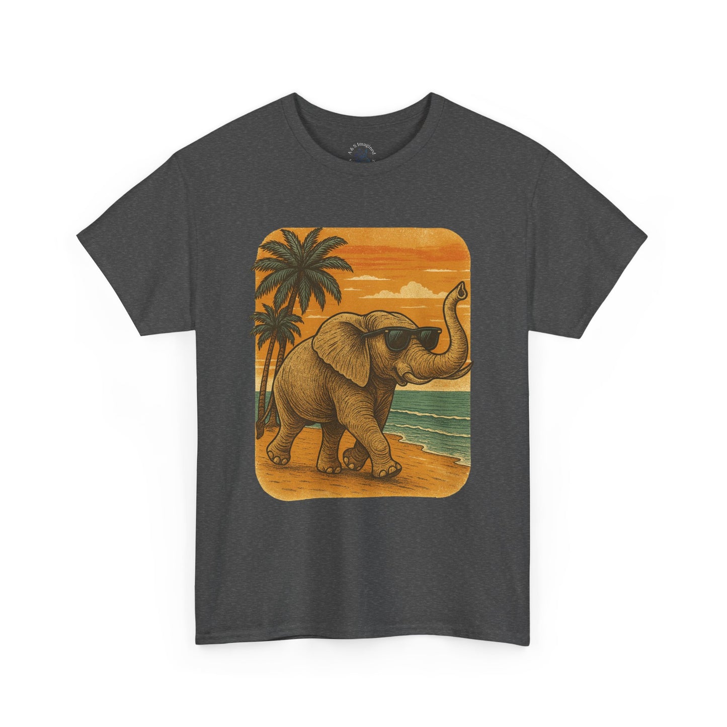 Elephant on a Tropical Beach | Vintage Sunset Animal Shirt | Summer Nature Graphic Tee | Retro Coastal Elephant T-Shirt | Unisex Beach Vacation TShirt