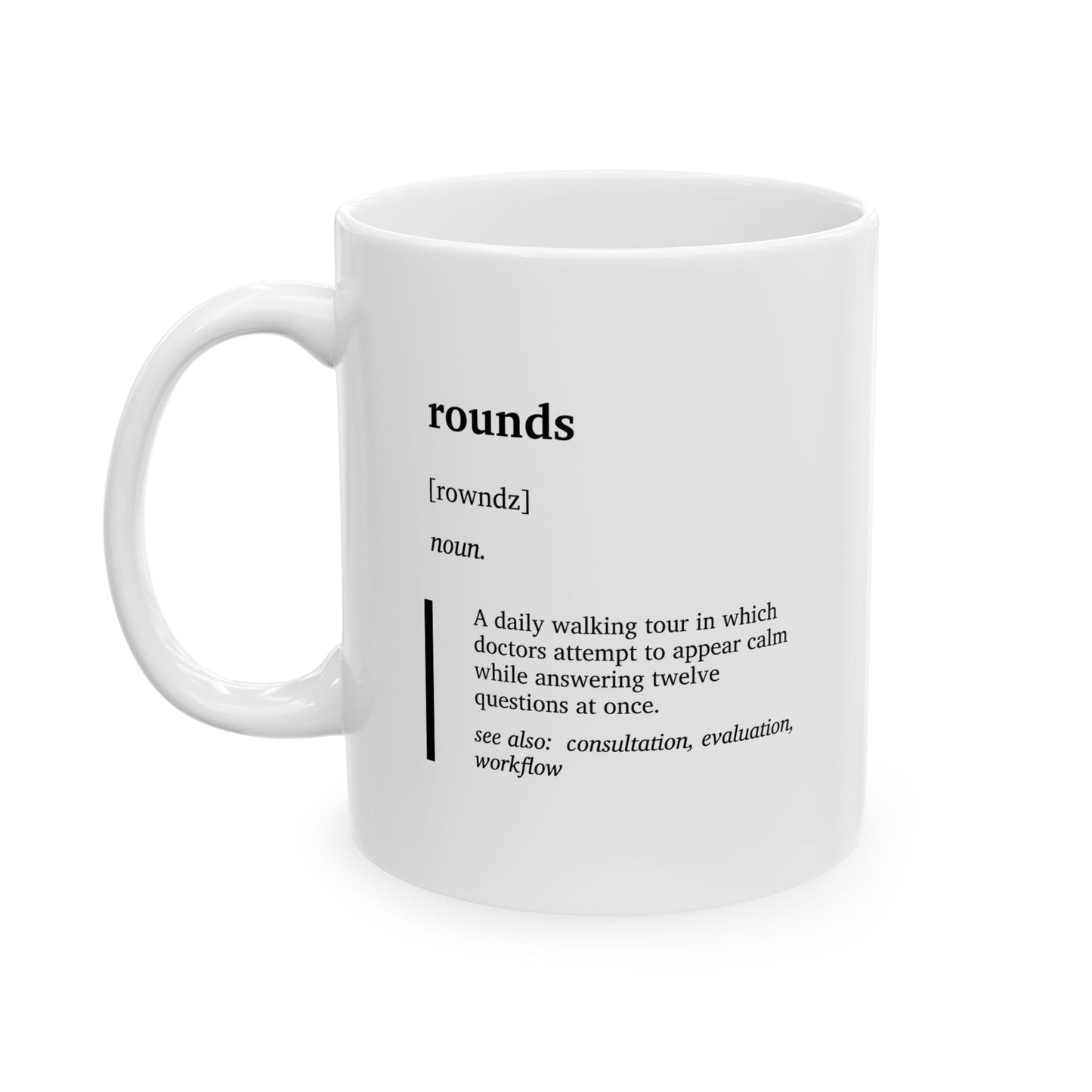 Funny Rounds Definition Ceramic Mug | Medical Humor Coffee Tea Mug | Doctor Gift | Nurse & Physician Humor | Hospital Life Cup (11oz, 15oz)