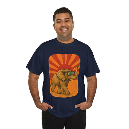 Elephant Sunset Rays Tee | Vintage Retro Animal Shirt | Summer Vibes Graphic T-Shirt | Warm Sunburst Elephant TShirt | Unisex Nature Shirt