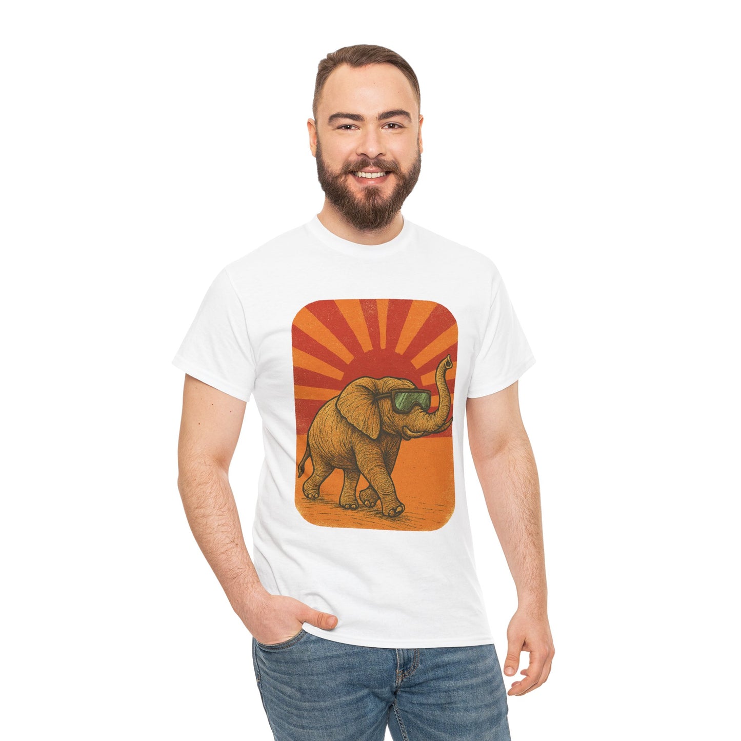 Elephant Sunset Rays Tee | Vintage Retro Animal Shirt | Summer Vibes Graphic T-Shirt | Warm Sunburst Elephant TShirt | Unisex Nature Shirt