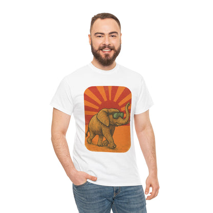 Elephant Sunset Rays Tee | Vintage Retro Animal Shirt | Summer Vibes Graphic T-Shirt | Warm Sunburst Elephant TShirt | Unisex Nature Shirt
