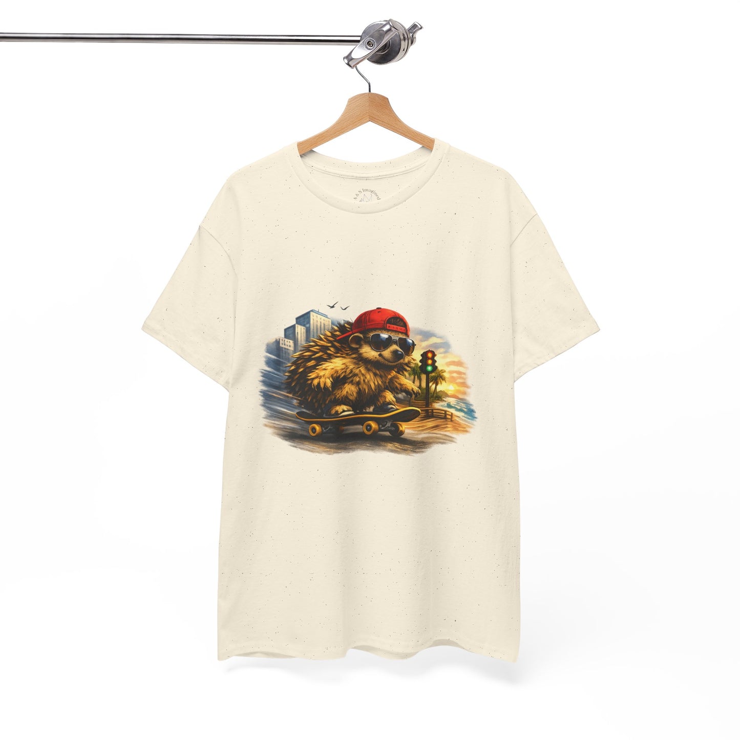 Surf Side Hedgehog Skateboarding Shirt | Beach Style Tee | Vintage Beach Graphic | Coastal Skater Animal T-shirt | Cute Animal Skate Tshirt | Boardin' Hedgehog Collection