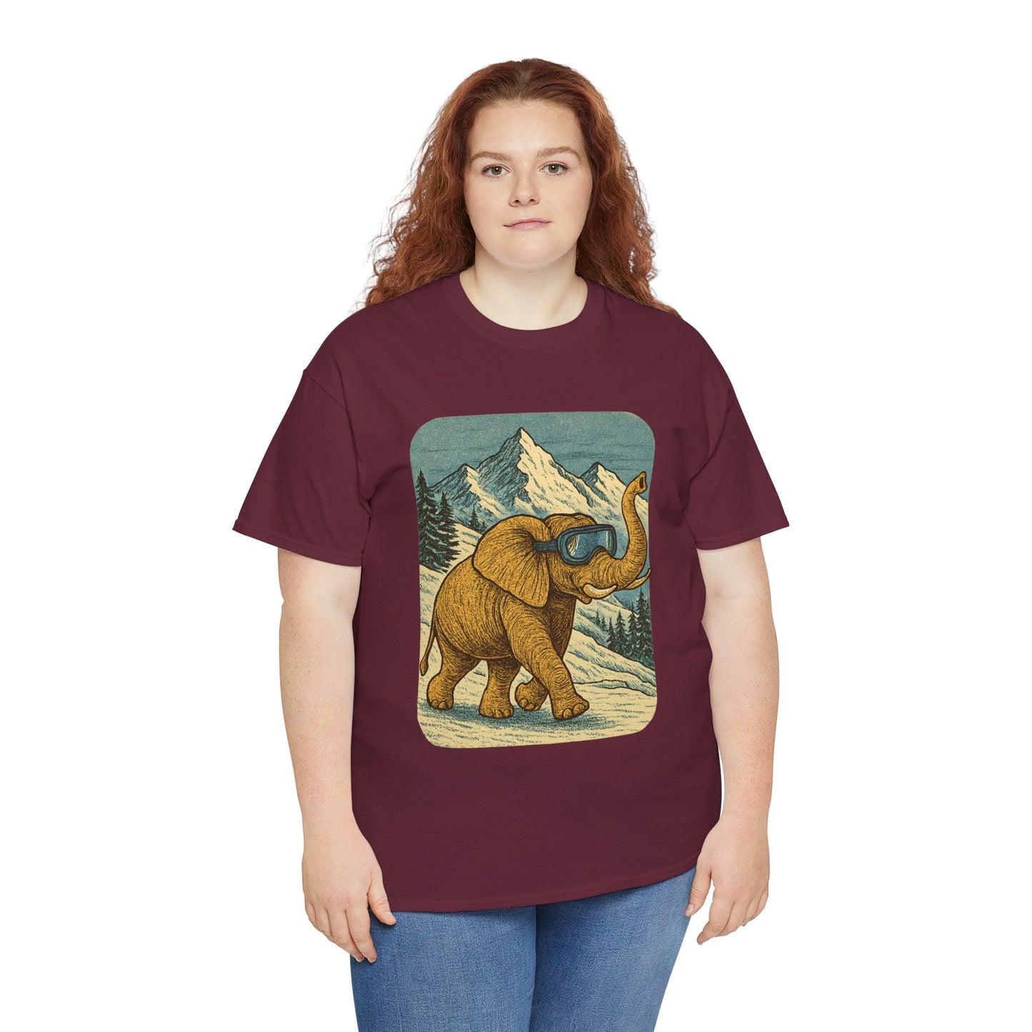 Elephant in Snowy Mountains Tee | Vintage Winter Animal Shirt | Cozy Nature Graphic T-Shirt | Retro Wildlife Illustration | Unisex Elephant Tee