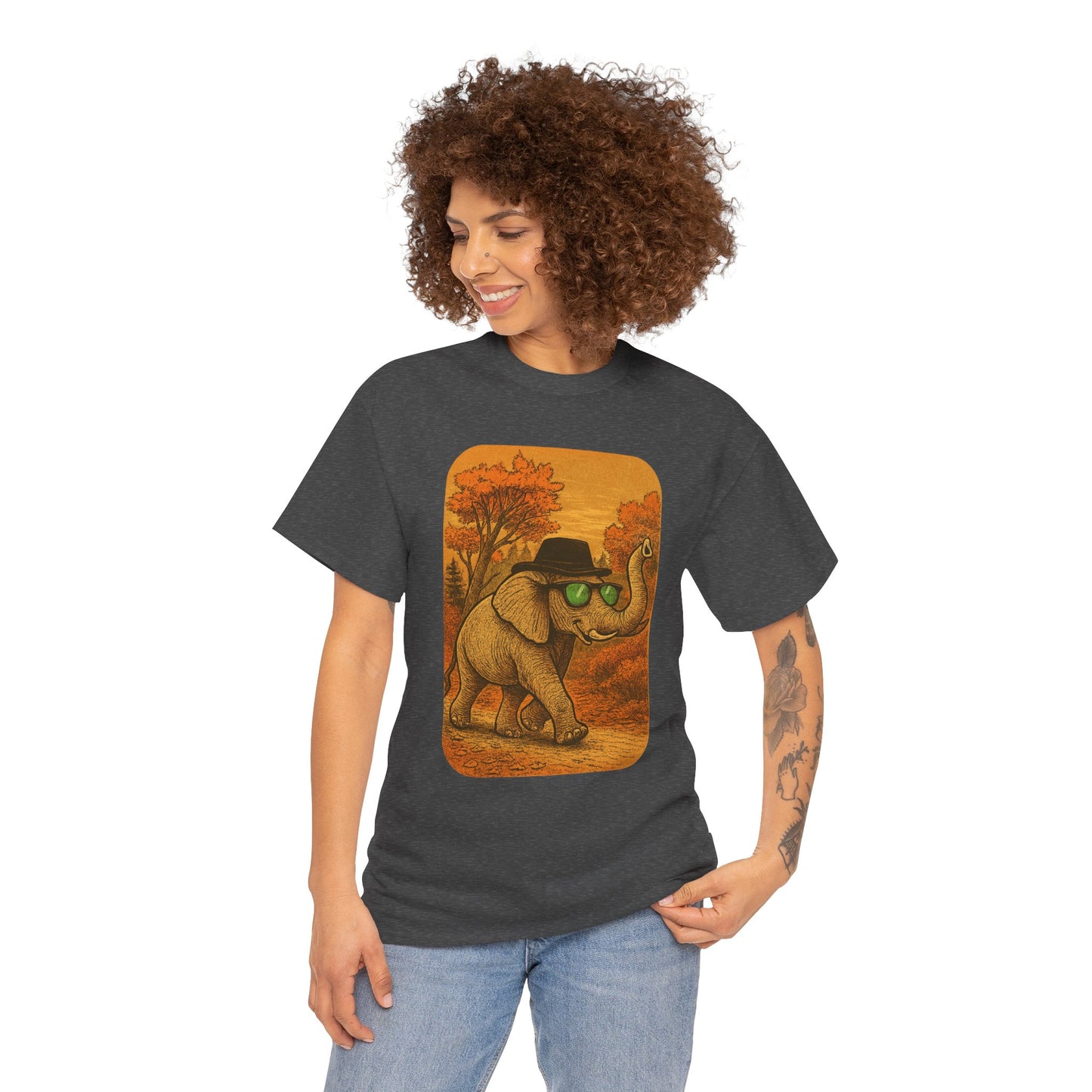 Elephant Autumn Stroll Tee | Vintage Fall Animal Shirt | Retro Nature Elephant Graphic T-Shirt | Cozy Fall Aesthetic TShirt | Unisex Casual Shirt