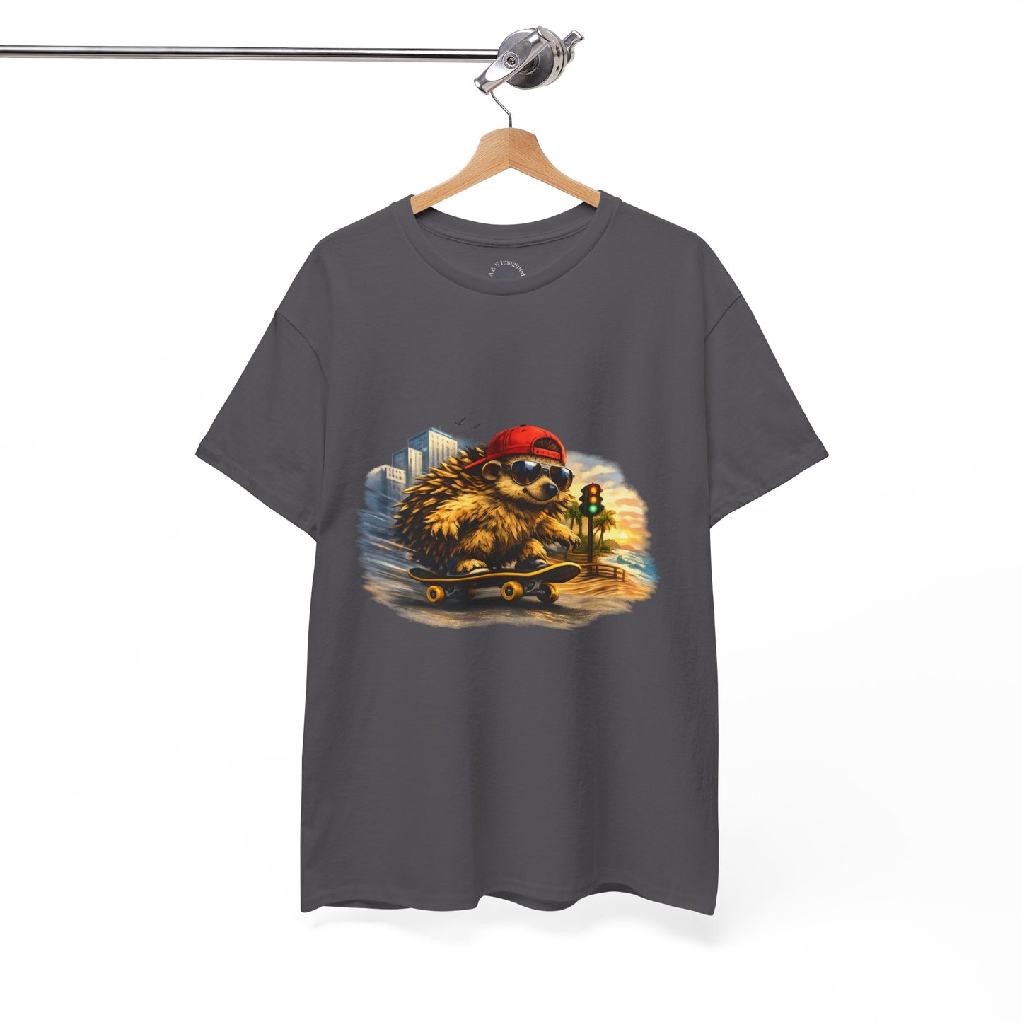 Surf Side Hedgehog Skateboarding Shirt | Beach Style Tee | Vintage Beach Graphic | Coastal Skater Animal T-shirt | Cute Animal Skate Tshirt | Boardin' Hedgehog Collection