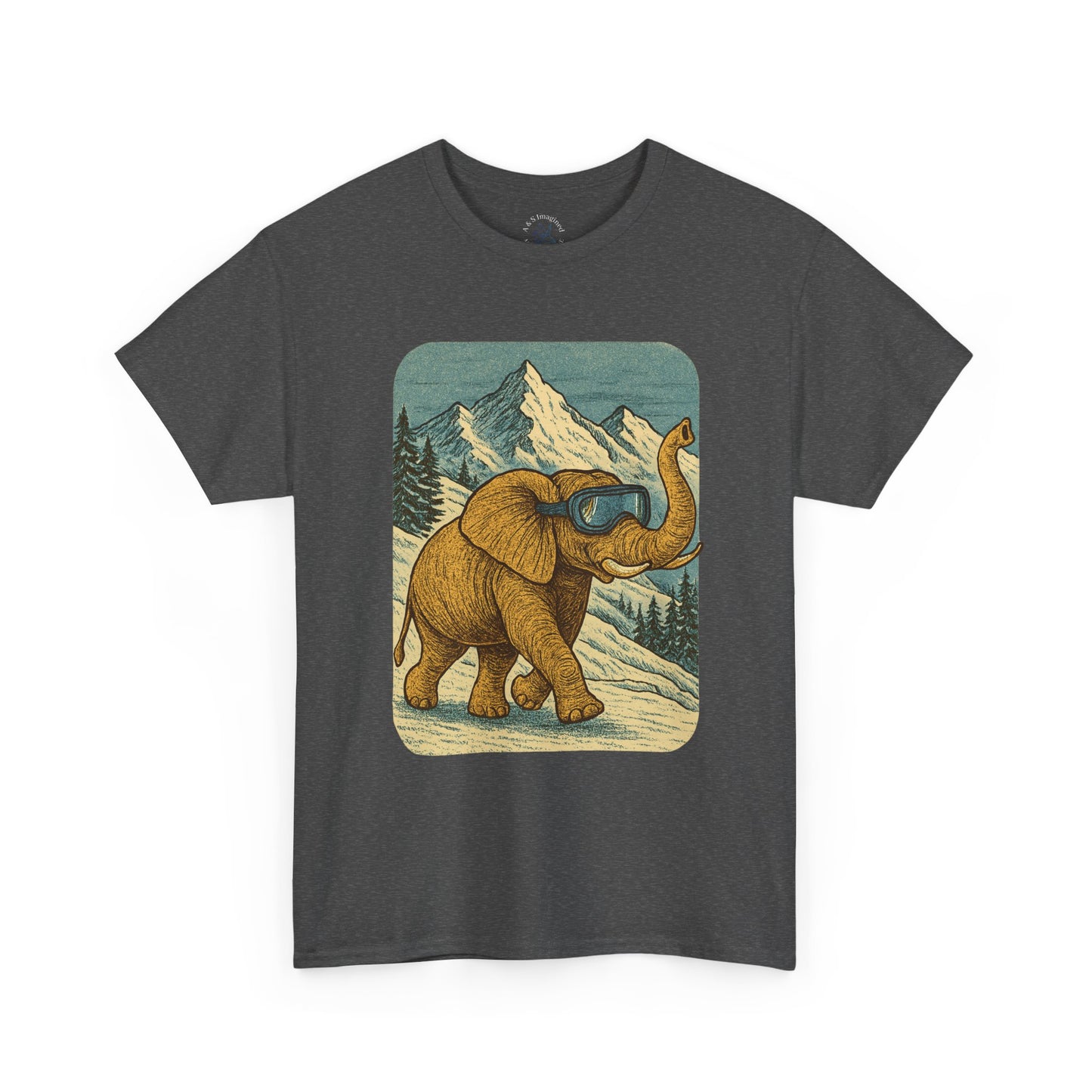 Elephant in Snowy Mountains Tee | Vintage Winter Animal Shirt | Cozy Nature Graphic T-Shirt | Retro Wildlife Illustration | Unisex Elephant Tee