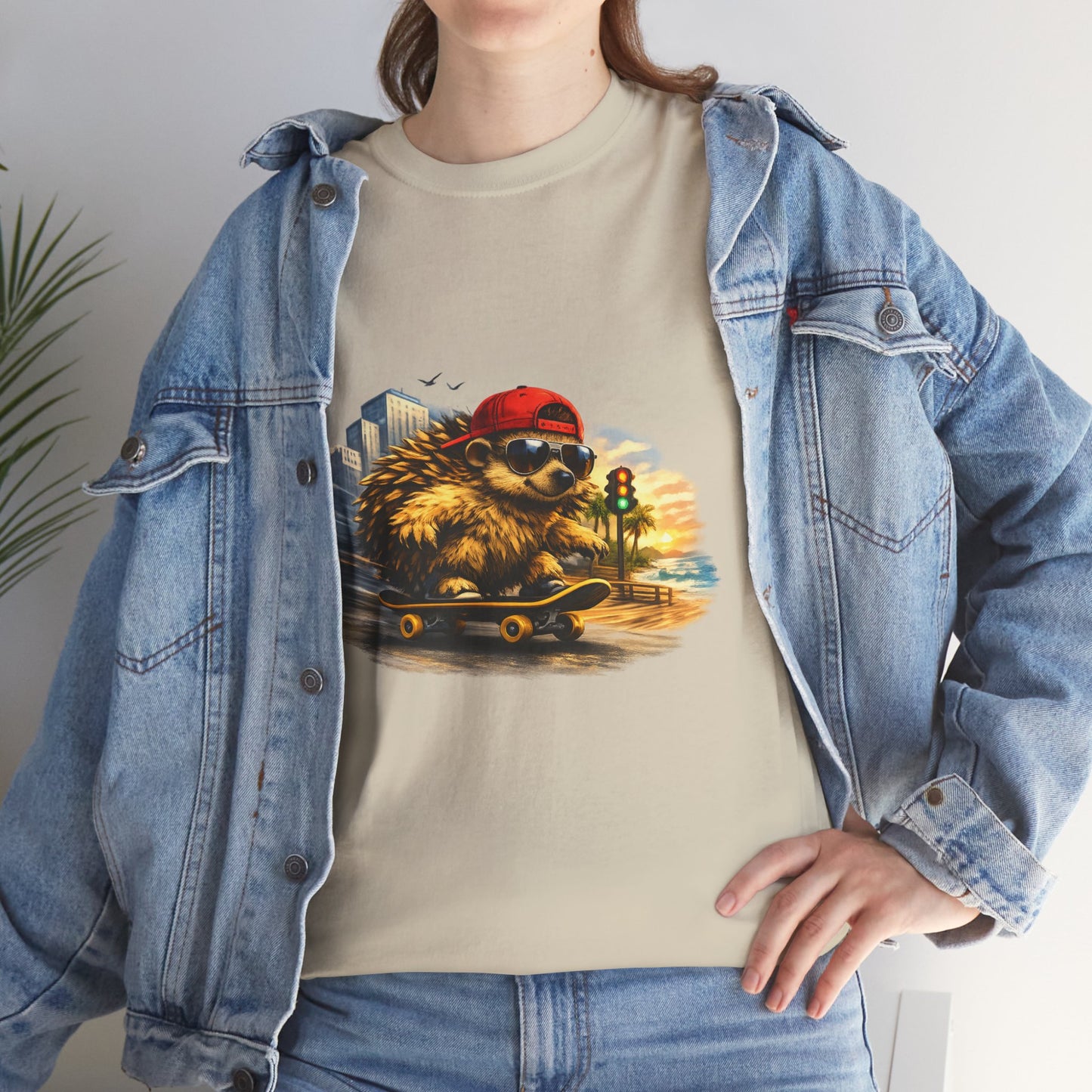 Surf Side Hedgehog Skateboarding Shirt | Beach Style Tee | Vintage Beach Graphic | Coastal Skater Animal T-shirt | Cute Animal Skate Tshirt | Boardin' Hedgehog Collection