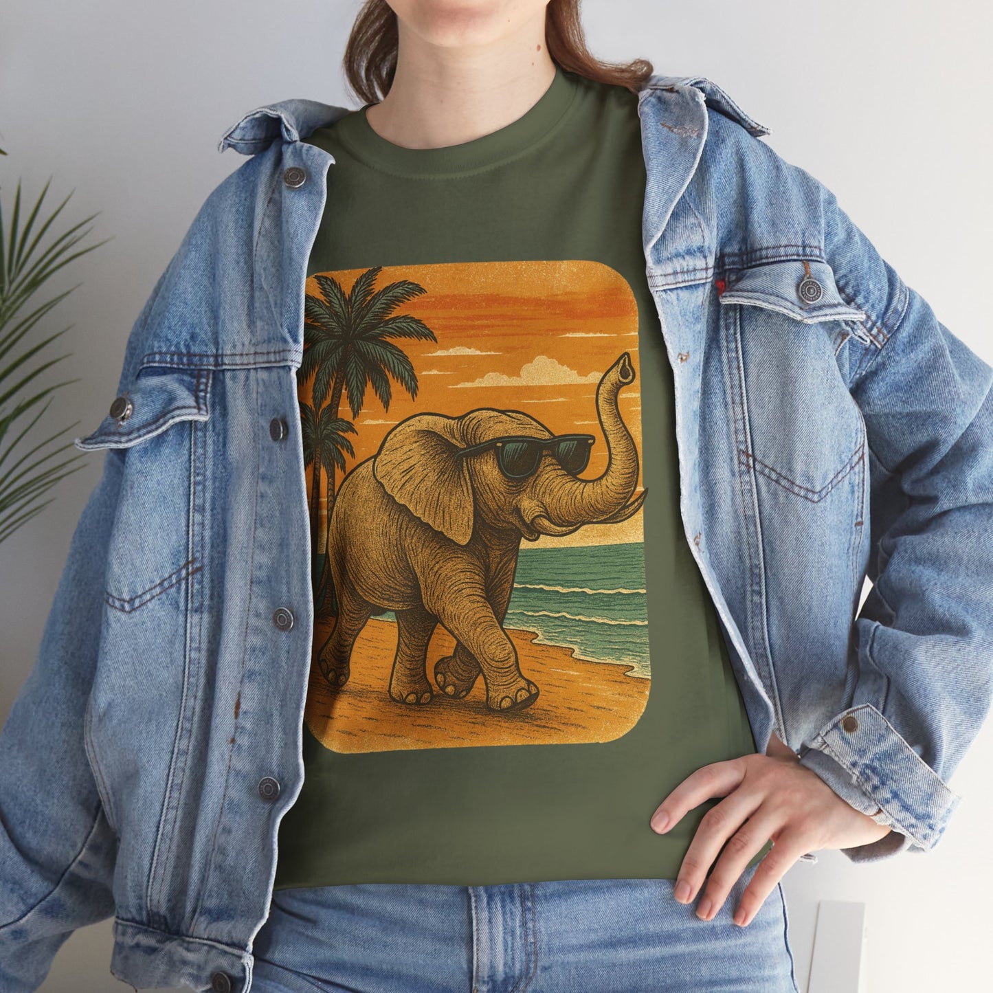 Elephant on a Tropical Beach | Vintage Sunset Animal Shirt | Summer Nature Graphic Tee | Retro Coastal Elephant T-Shirt | Unisex Beach Vacation TShirt