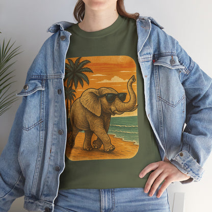 Elephant on a Tropical Beach | Vintage Sunset Animal Shirt | Summer Nature Graphic Tee | Retro Coastal Elephant T-Shirt | Unisex Beach Vacation TShirt