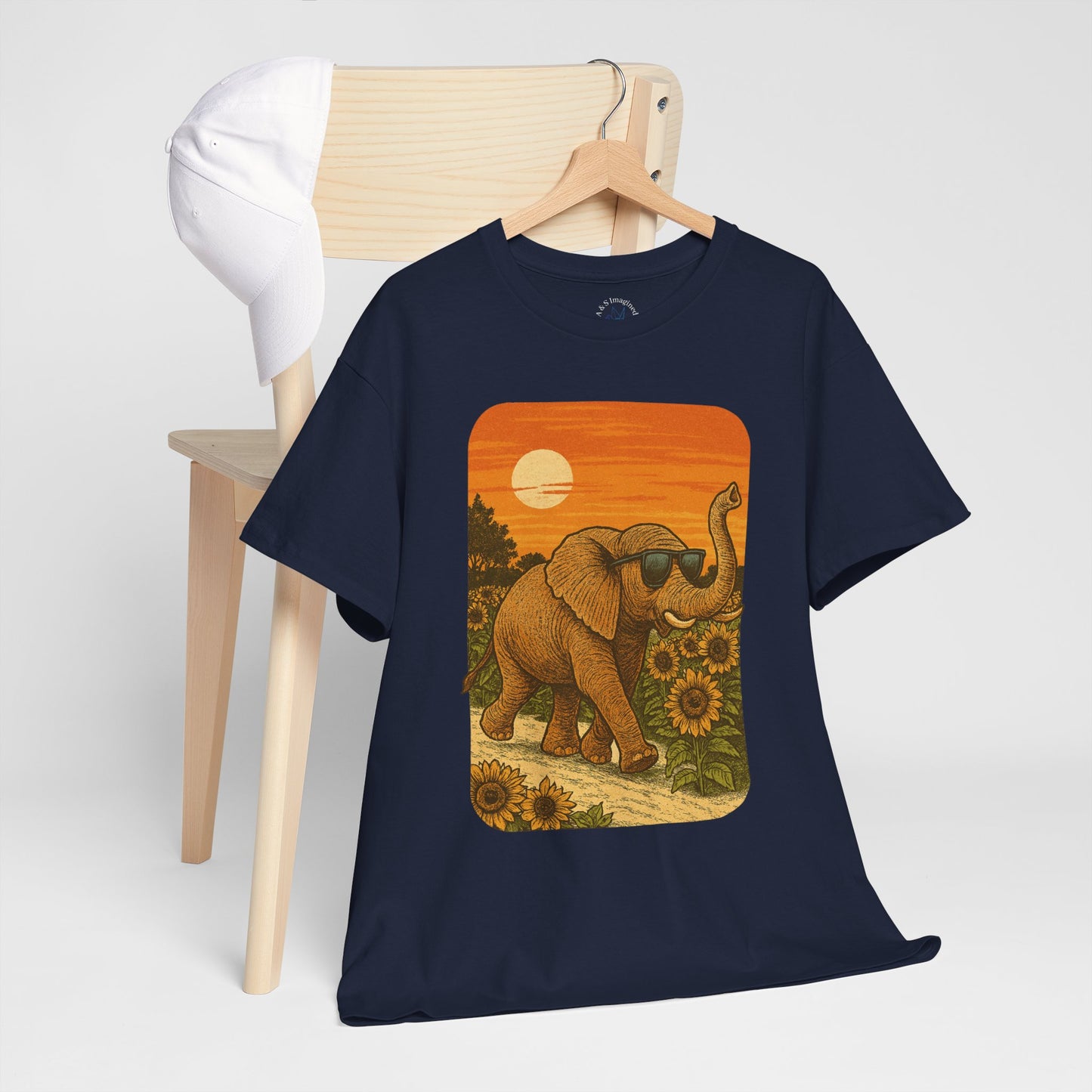 Elephant in Sunflower Field Tee | Vintage Sunset Nature Shirt | Retro Summer Aesthetic Elephant Graphic T-Shirt | Golden Hour Garden TShirt | Unisex Shirt