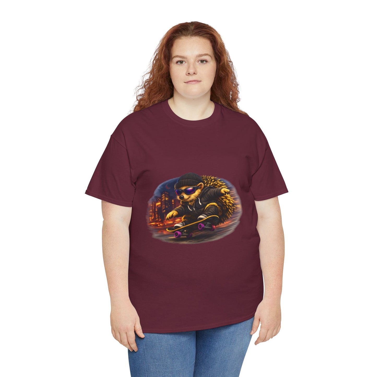 City Nightlife Hedgehog Skateboarding Shirt | Street Style Tee | Vintage City Lights Graphic | Downtown Streetwear | Skater Animal T-shirt | Cute Animal Skate Tshirt | Boardin' Hedgehog Collection
