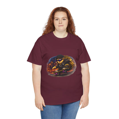 City Nightlife Hedgehog Skateboarding Shirt | Street Style Tee | Vintage City Lights Graphic | Downtown Streetwear | Skater Animal T-shirt | Cute Animal Skate Tshirt | Boardin' Hedgehog Collection