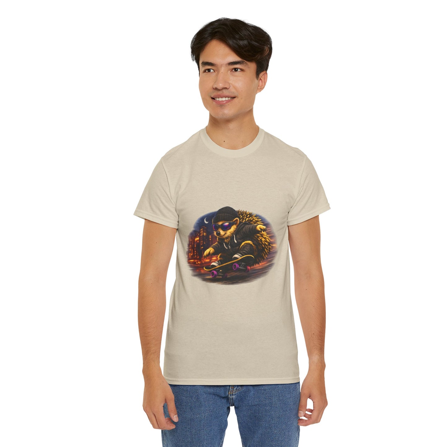 City Nightlife Hedgehog Skateboarding Shirt | Street Style Tee | Vintage City Lights Graphic | Downtown Streetwear | Skater Animal T-shirt | Cute Animal Skate Tshirt | Boardin' Hedgehog Collection