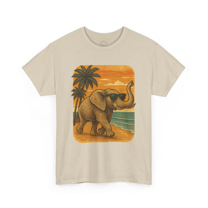 Elephant on a Tropical Beach | Vintage Sunset Animal Shirt | Summer Nature Graphic Tee | Retro Coastal Elephant T-Shirt | Unisex Beach Vacation TShirt