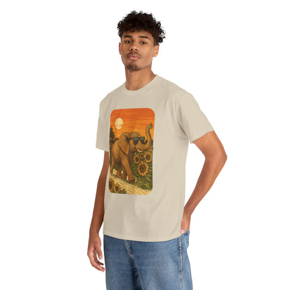 Elephant in Sunflower Field Tee | Vintage Sunset Nature Shirt | Retro Summer Aesthetic Elephant Graphic T-Shirt | Golden Hour Garden TShirt | Unisex Shirt