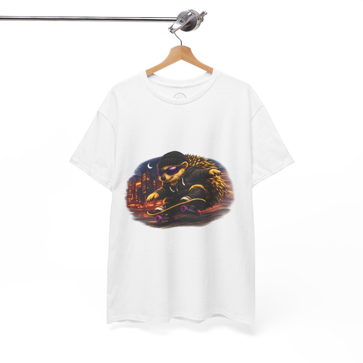 City Nightlife Hedgehog Skateboarding Shirt | Street Style Tee | Vintage City Lights Graphic | Downtown Streetwear | Skater Animal T-shirt | Cute Animal Skate Tshirt | Boardin' Hedgehog Collection