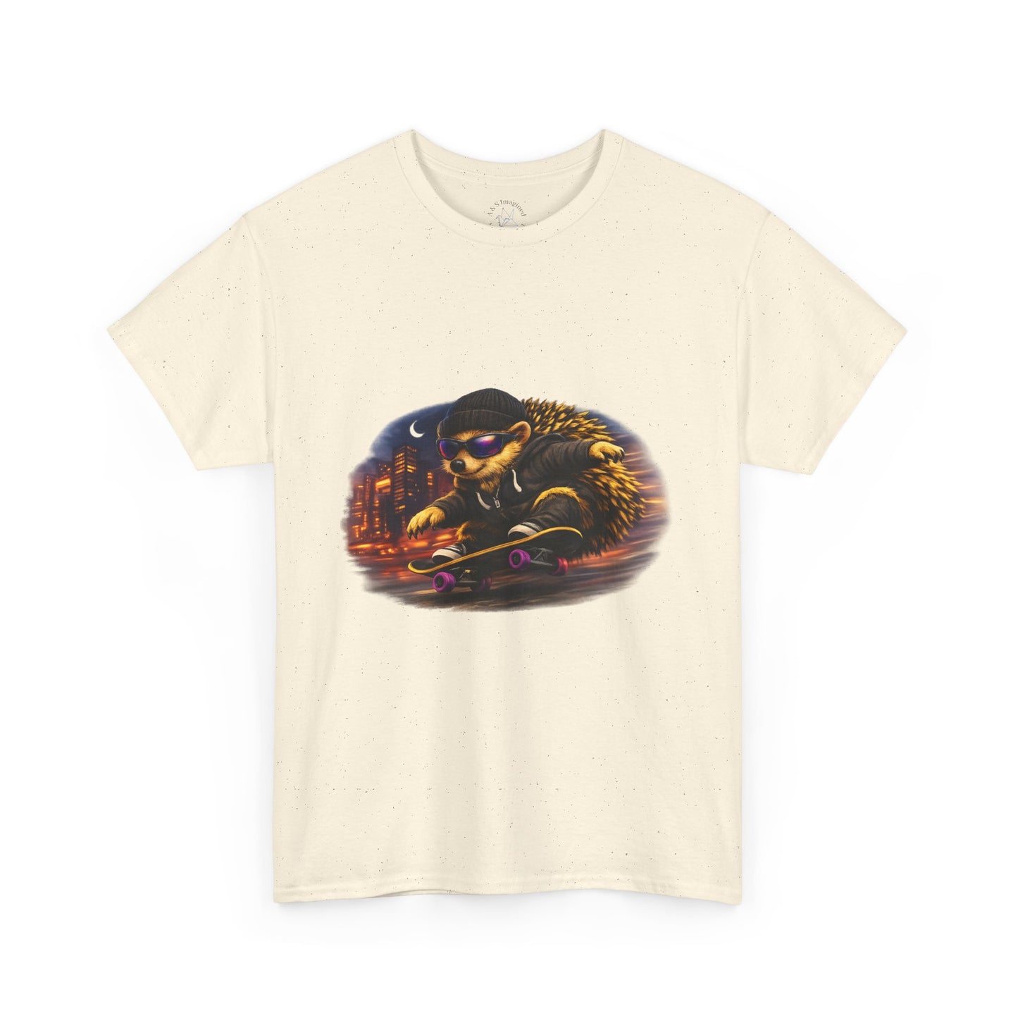 City Nightlife Hedgehog Skateboarding Shirt | Street Style Tee | Vintage City Lights Graphic | Downtown Streetwear | Skater Animal T-shirt | Cute Animal Skate Tshirt | Boardin' Hedgehog Collection