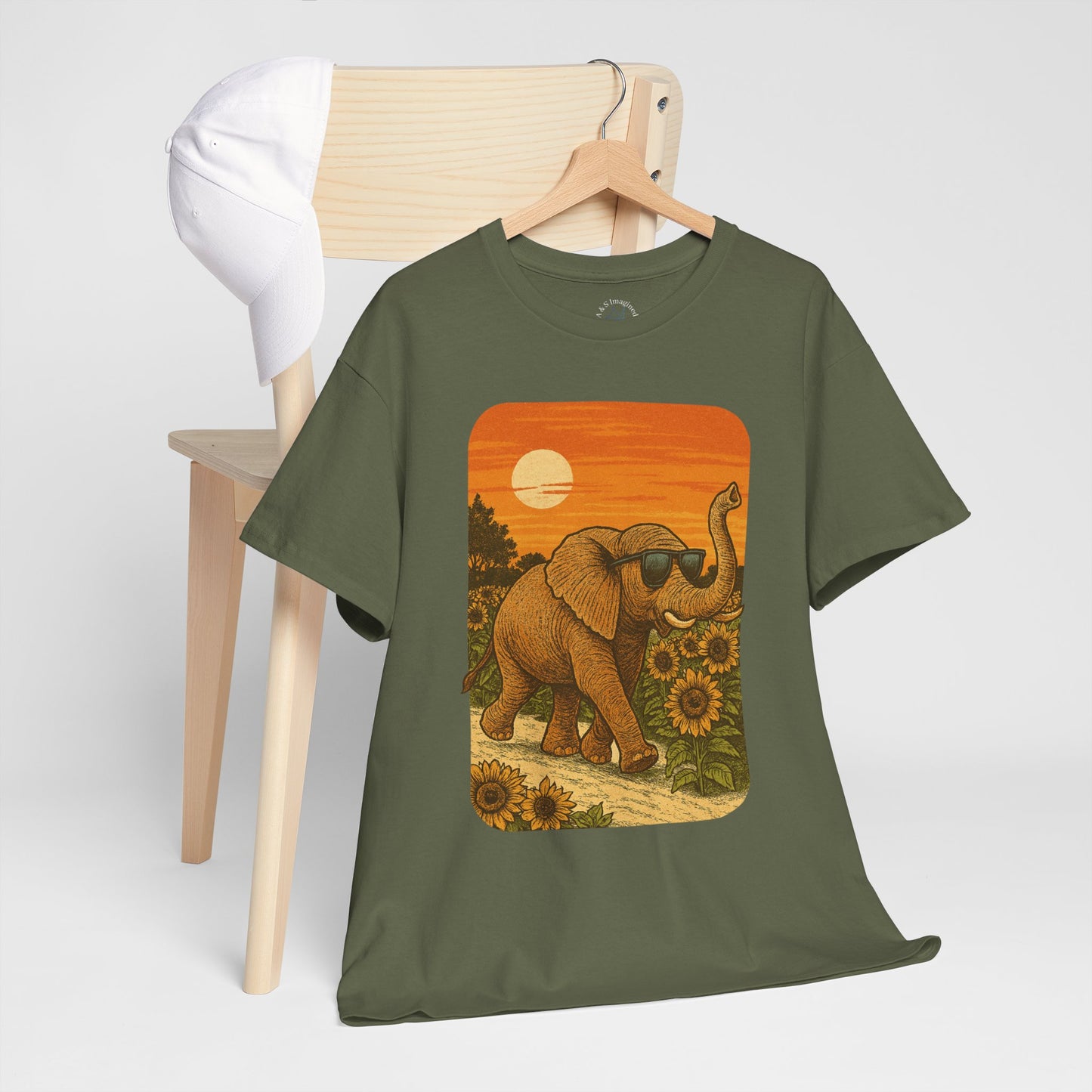 Elephant in Sunflower Field Tee | Vintage Sunset Nature Shirt | Retro Summer Aesthetic Elephant Graphic T-Shirt | Golden Hour Garden TShirt | Unisex Shirt