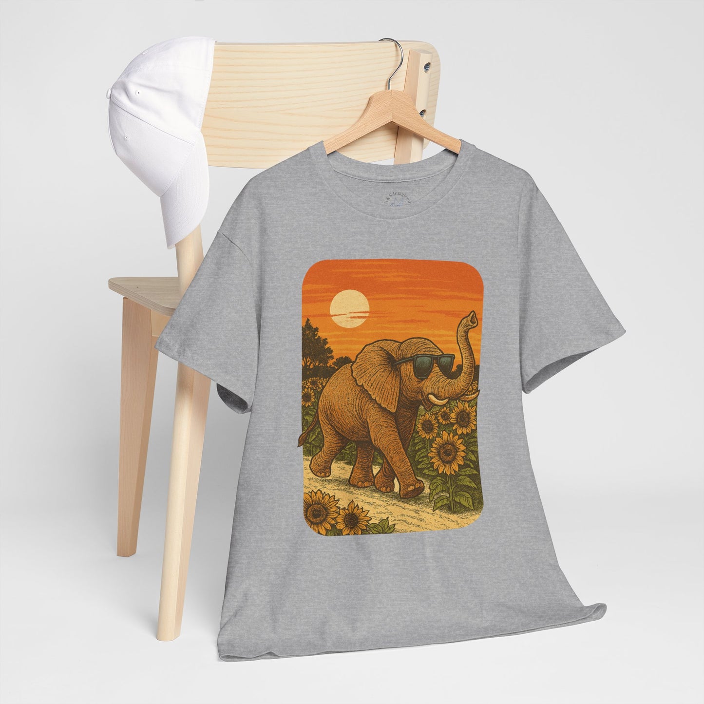 Elephant in Sunflower Field Tee | Vintage Sunset Nature Shirt | Retro Summer Aesthetic Elephant Graphic T-Shirt | Golden Hour Garden TShirt | Unisex Shirt