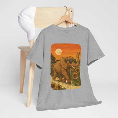 Elephant in Sunflower Field Tee | Vintage Sunset Nature Shirt | Retro Summer Aesthetic Elephant Graphic T-Shirt | Golden Hour Garden TShirt | Unisex Shirt