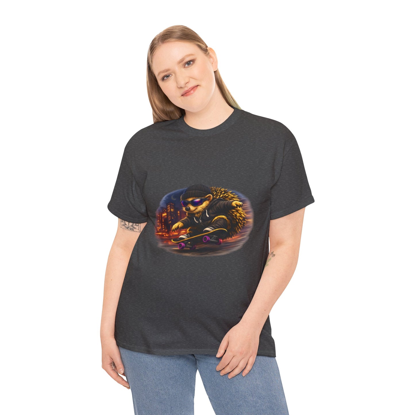 City Nightlife Hedgehog Skateboarding Shirt | Street Style Tee | Vintage City Lights Graphic | Downtown Streetwear | Skater Animal T-shirt | Cute Animal Skate Tshirt | Boardin' Hedgehog Collection