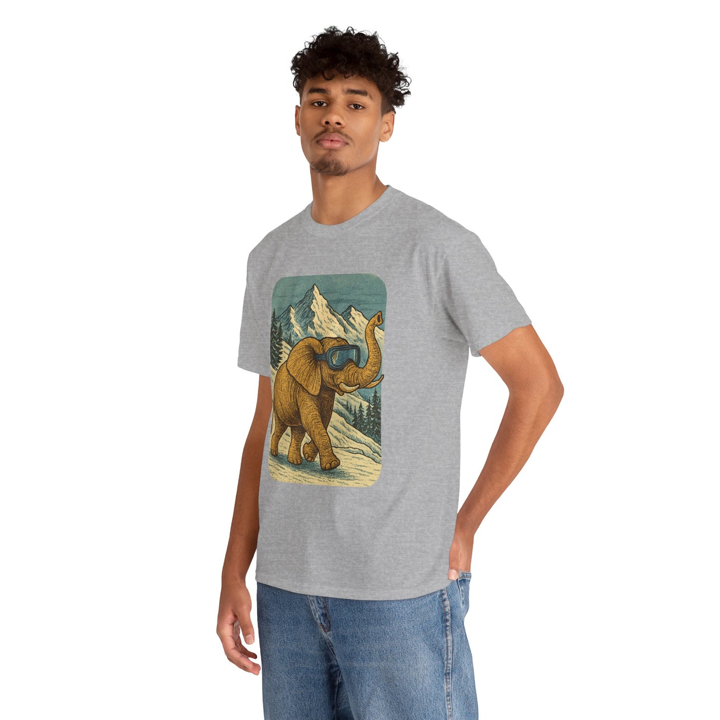 Elephant in Snowy Mountains Tee | Vintage Winter Animal Shirt | Cozy Nature Graphic T-Shirt | Retro Wildlife Illustration | Unisex Elephant Tee