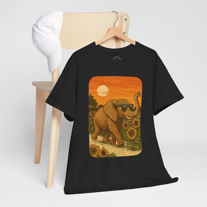 Elephant in Sunflower Field Tee | Vintage Sunset Nature Shirt | Retro Summer Aesthetic Elephant Graphic T-Shirt | Golden Hour Garden TShirt | Unisex Shirt