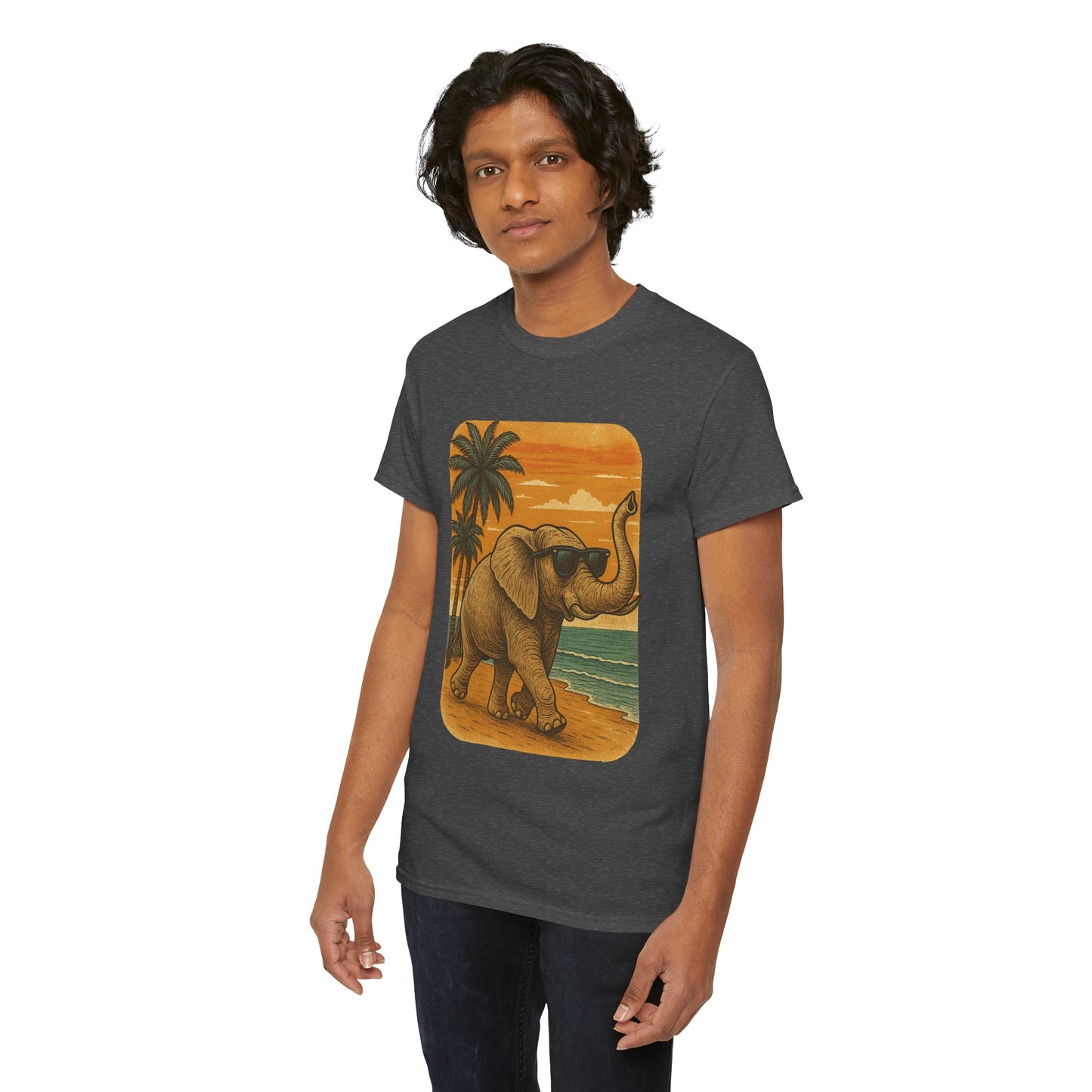 Elephant on a Tropical Beach | Vintage Sunset Animal Shirt | Summer Nature Graphic Tee | Retro Coastal Elephant T-Shirt | Unisex Beach Vacation TShirt
