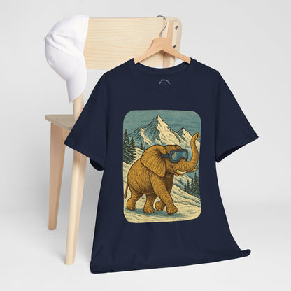 Elephant in Snowy Mountains Tee | Vintage Winter Animal Shirt | Cozy Nature Graphic T-Shirt | Retro Wildlife Illustration | Unisex Elephant Tee