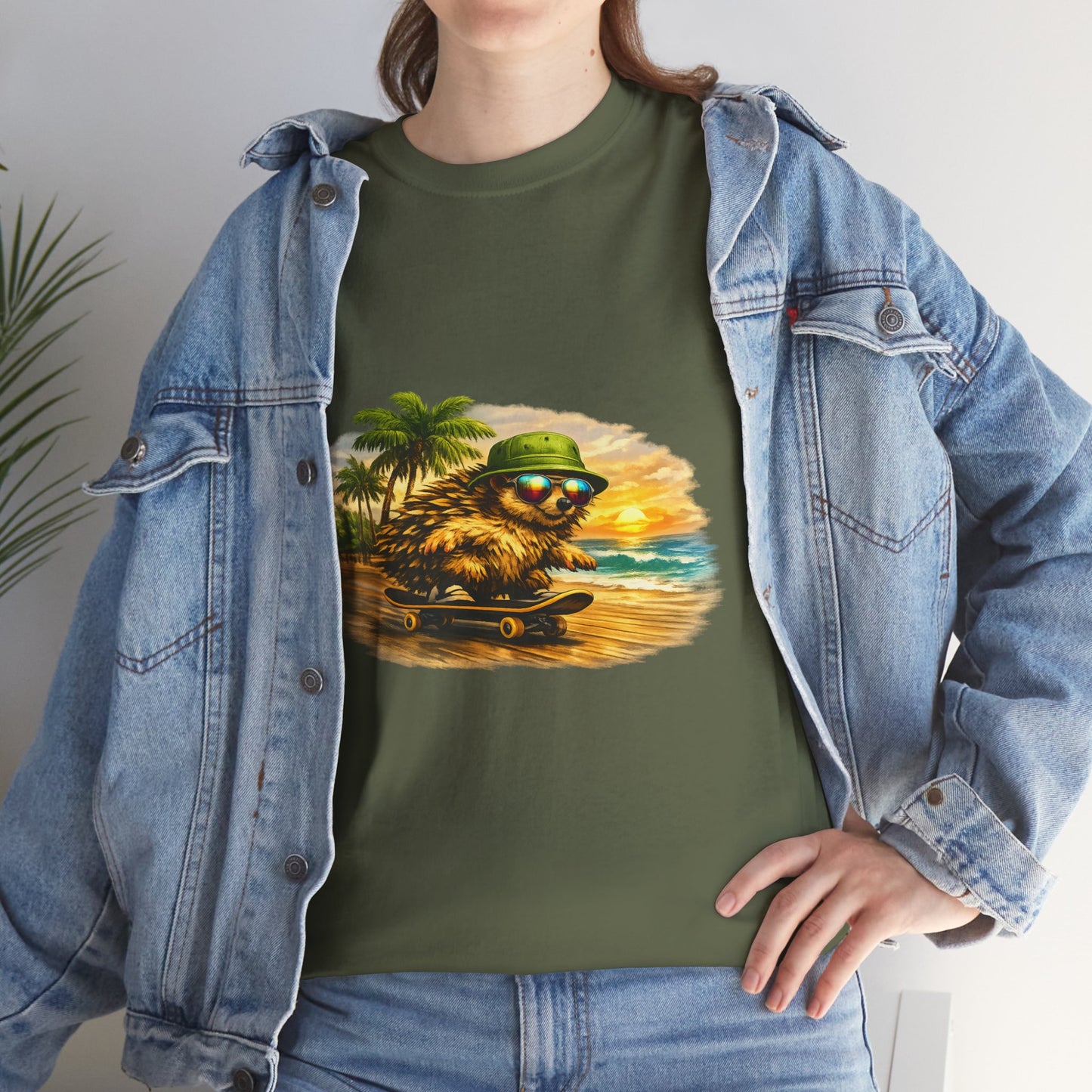 Sunset Beach Hedgehog Skateboarding Shirt | Tropical Style Tee | Vintage Beach Graphic | Skater Animal T-shirt | Cute Summer Skate Tshirt | Island Vibes Outfit | Boardin' Hedgehog Collection