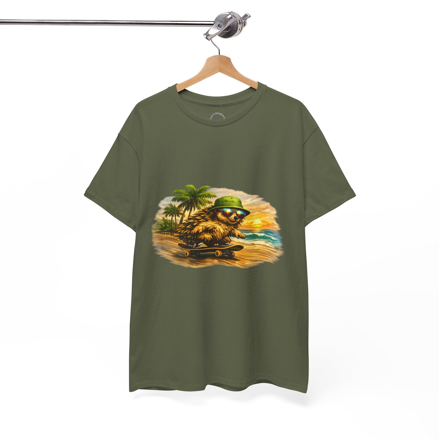Sunset Beach Hedgehog Skateboarding Shirt | Tropical Style Tee | Vintage Beach Graphic | Skater Animal T-shirt | Cute Summer Skate Tshirt | Island Vibes Outfit | Boardin' Hedgehog Collection