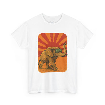 Elephant Sunset Rays Tee | Vintage Retro Animal Shirt | Summer Vibes Graphic T-Shirt | Warm Sunburst Elephant TShirt | Unisex Nature Shirt