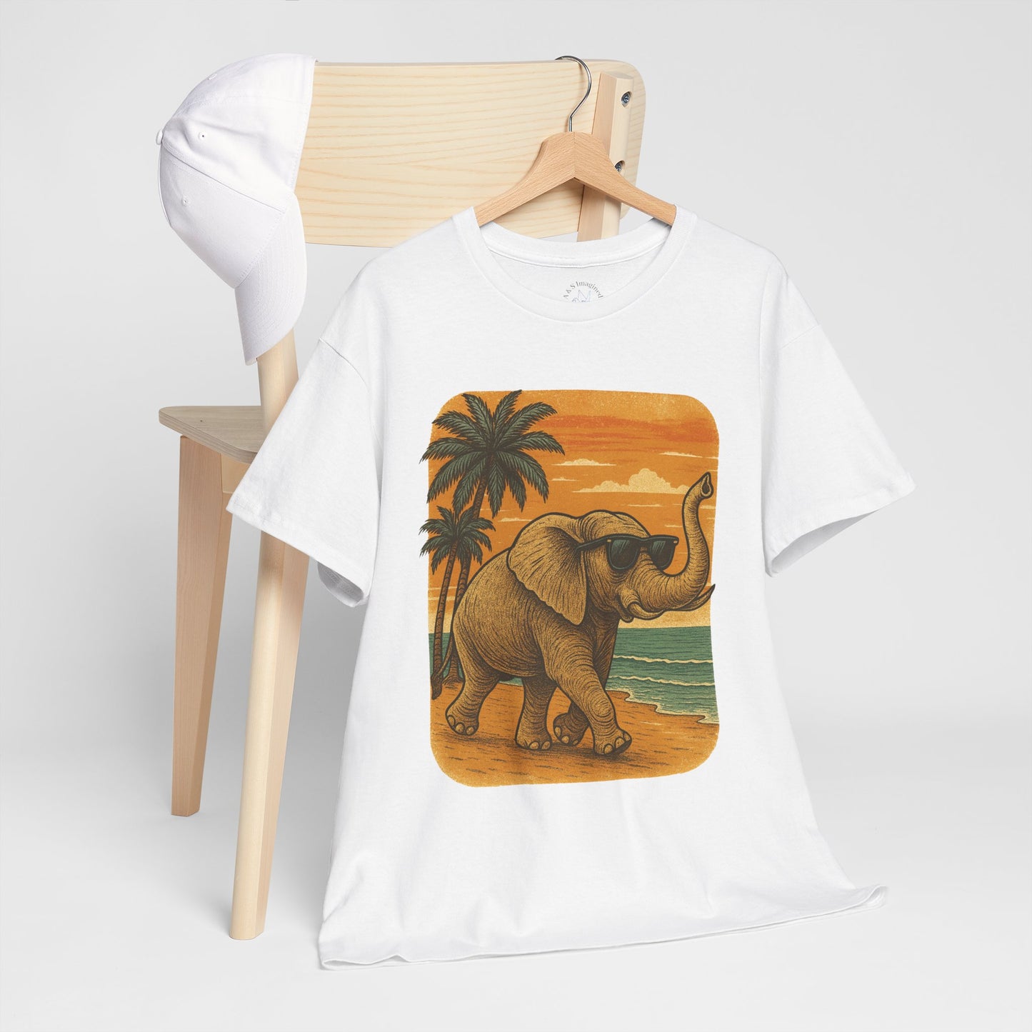 Elephant on a Tropical Beach | Vintage Sunset Animal Shirt | Summer Nature Graphic Tee | Retro Coastal Elephant T-Shirt | Unisex Beach Vacation TShirt