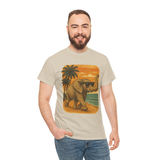 Elephant on a Tropical Beach | Vintage Sunset Animal Shirt | Summer Nature Graphic Tee | Retro Coastal Elephant T-Shirt | Unisex Beach Vacation TShirt