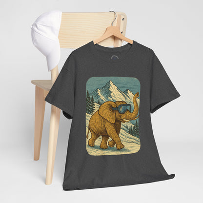 Elephant in Snowy Mountains Tee | Vintage Winter Animal Shirt | Cozy Nature Graphic T-Shirt | Retro Wildlife Illustration | Unisex Elephant Tee