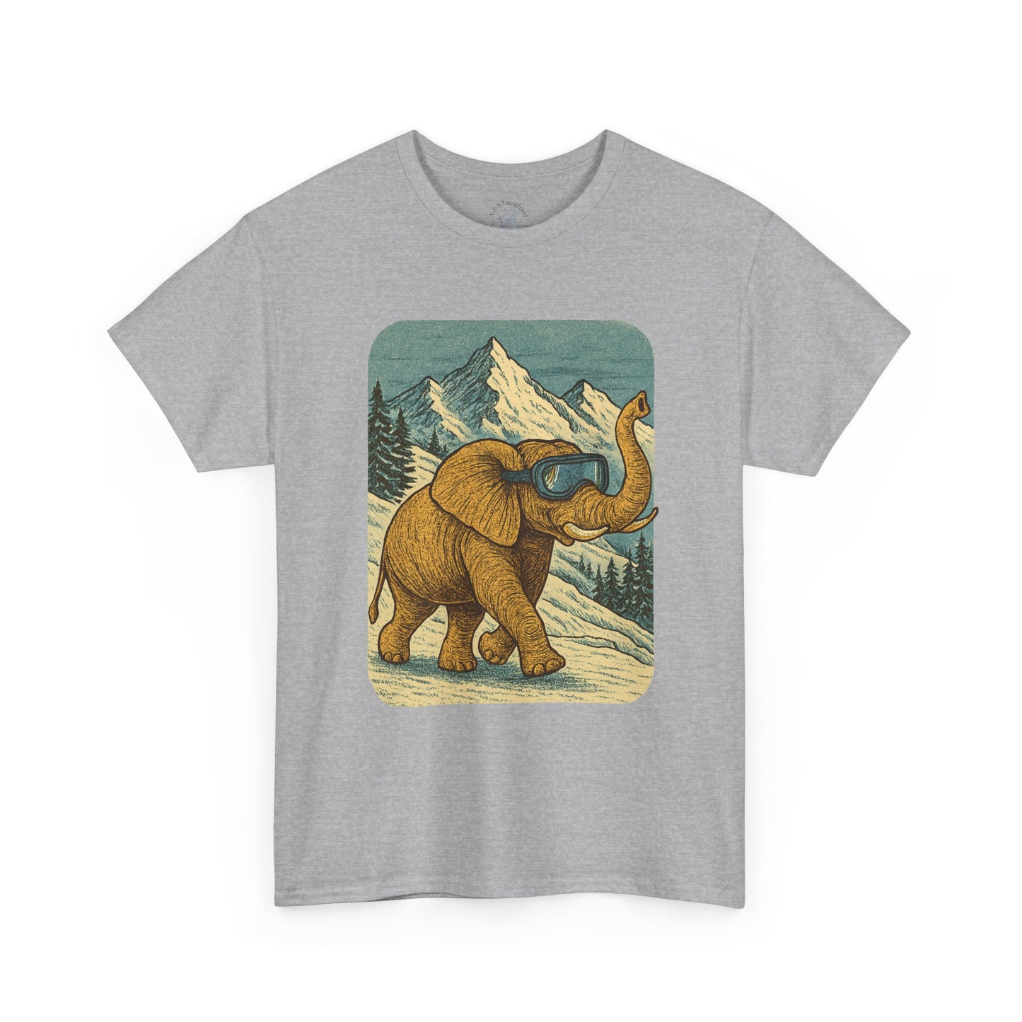 Elephant in Snowy Mountains Tee | Vintage Winter Animal Shirt | Cozy Nature Graphic T-Shirt | Retro Wildlife Illustration | Unisex Elephant Tee