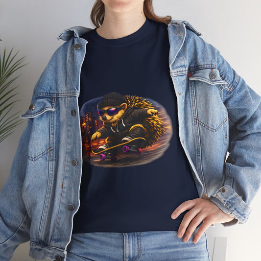 City Nightlife Hedgehog Skateboarding Shirt | Street Style Tee | Vintage City Lights Graphic | Downtown Streetwear | Skater Animal T-shirt | Cute Animal Skate Tshirt | Boardin' Hedgehog Collection