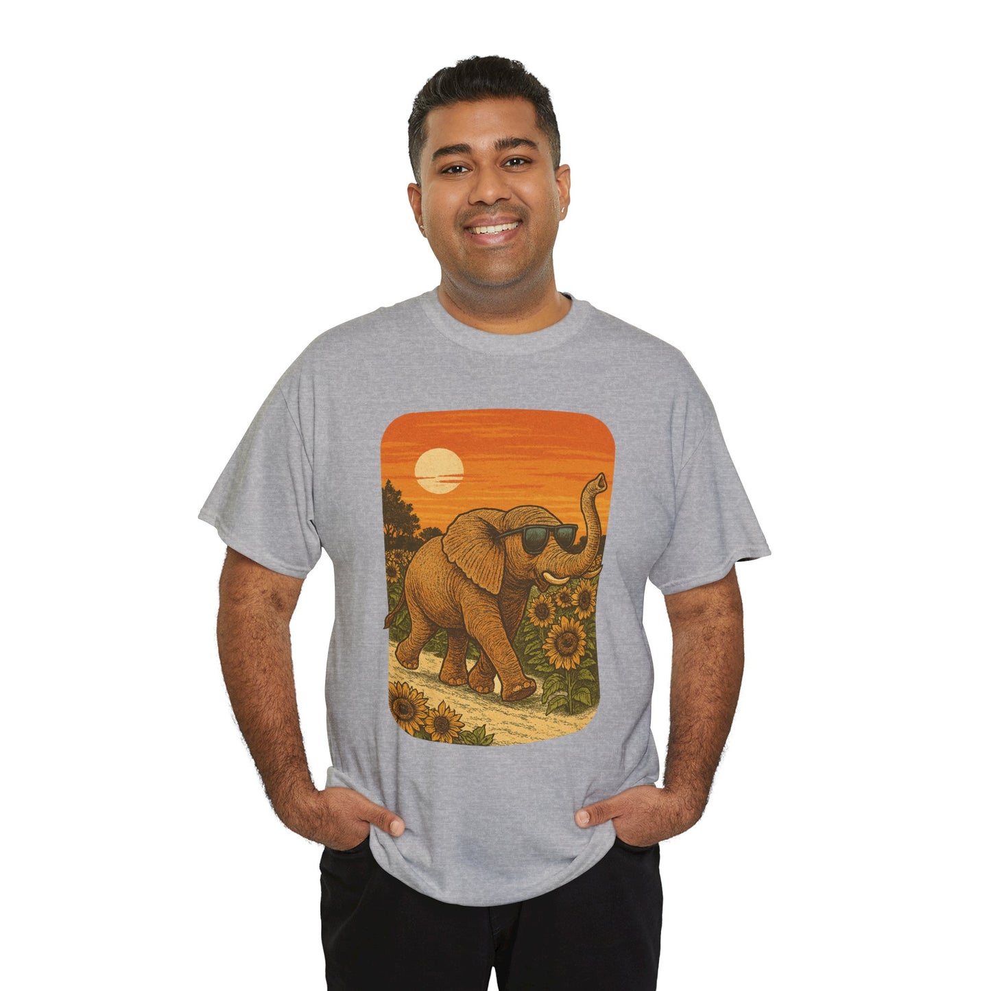 Elephant in Sunflower Field Tee | Vintage Sunset Nature Shirt | Retro Summer Aesthetic Elephant Graphic T-Shirt | Golden Hour Garden TShirt | Unisex Shirt