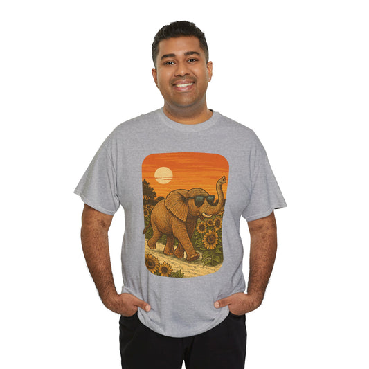 Elephant in Sunflower Field Tee | Vintage Sunset Nature Shirt | Retro Summer Aesthetic Elephant Graphic T-Shirt | Golden Hour Garden TShirt | Unisex Shirt