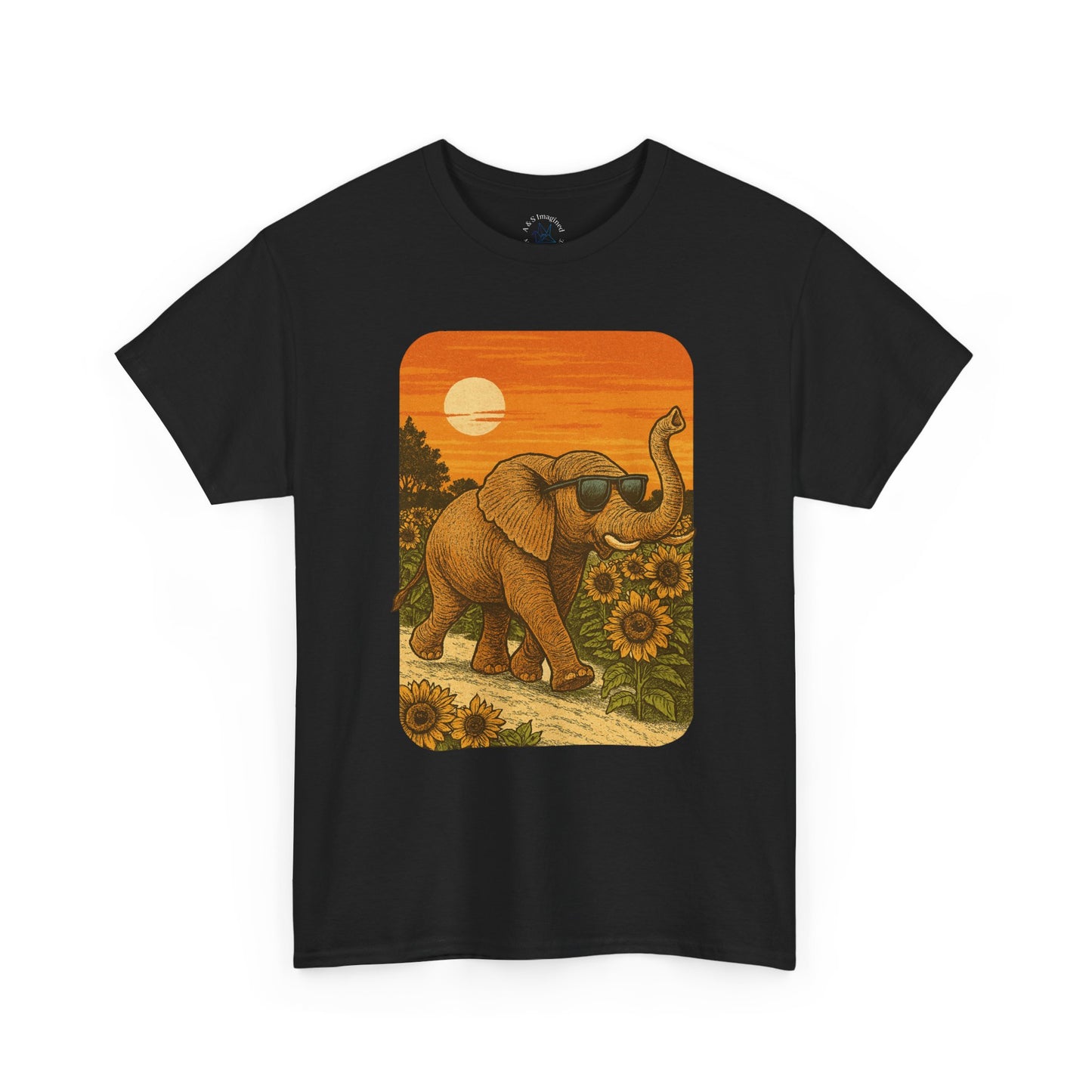 Elephant in Sunflower Field Tee | Vintage Sunset Nature Shirt | Retro Summer Aesthetic Elephant Graphic T-Shirt | Golden Hour Garden TShirt | Unisex Shirt