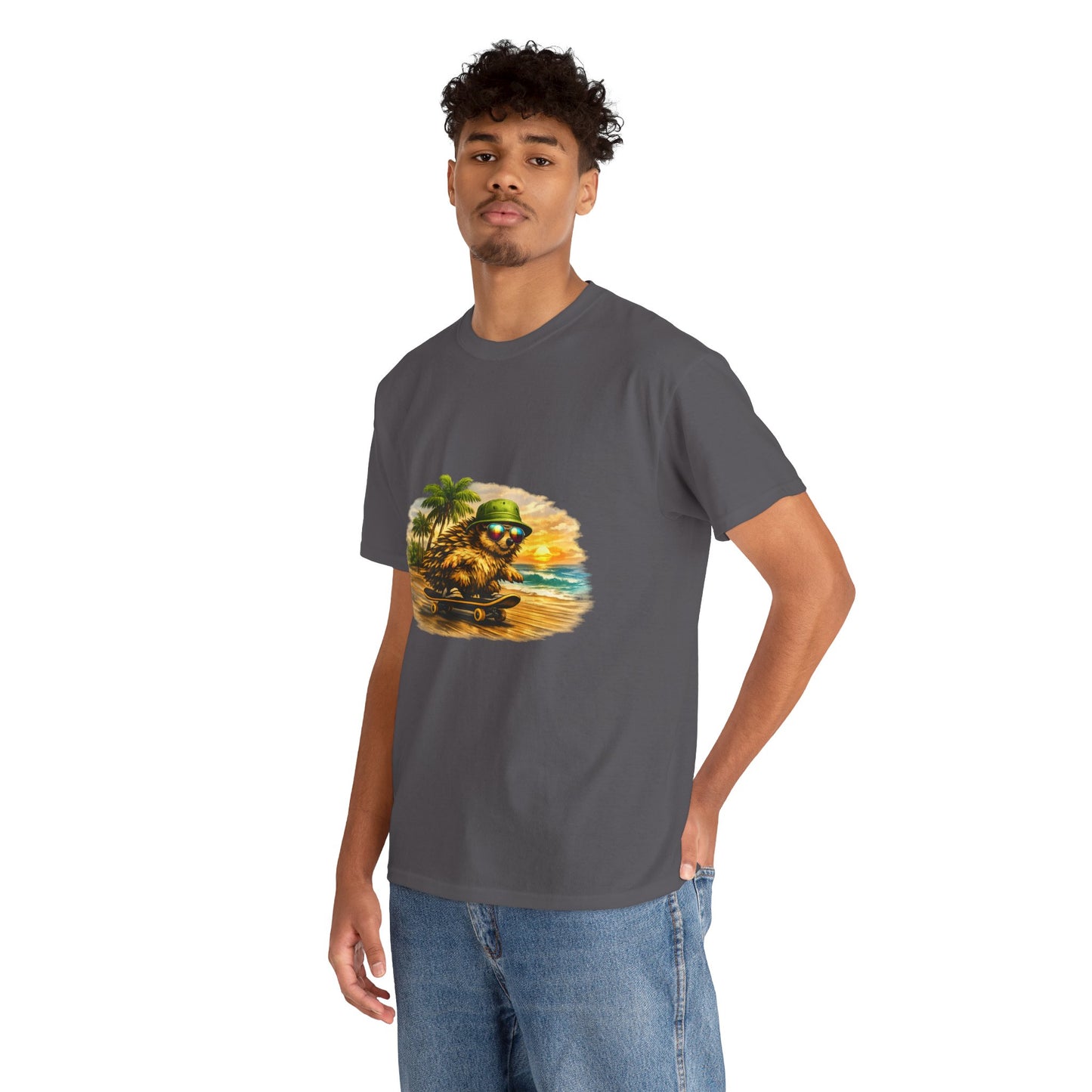 Sunset Beach Hedgehog Skateboarding Shirt | Tropical Style Tee | Vintage Beach Graphic | Skater Animal T-shirt | Cute Summer Skate Tshirt | Island Vibes Outfit | Boardin' Hedgehog Collection
