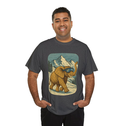 Elephant in Snowy Mountains Tee | Vintage Winter Animal Shirt | Cozy Nature Graphic T-Shirt | Retro Wildlife Illustration | Unisex Elephant Tee