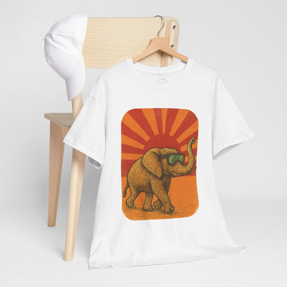 Elephant Sunset Rays Tee | Vintage Retro Animal Shirt | Summer Vibes Graphic T-Shirt | Warm Sunburst Elephant TShirt | Unisex Nature Shirt