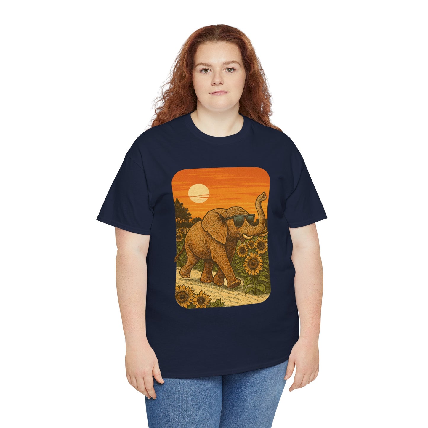Elephant in Sunflower Field Tee | Vintage Sunset Nature Shirt | Retro Summer Aesthetic Elephant Graphic T-Shirt | Golden Hour Garden TShirt | Unisex Shirt
