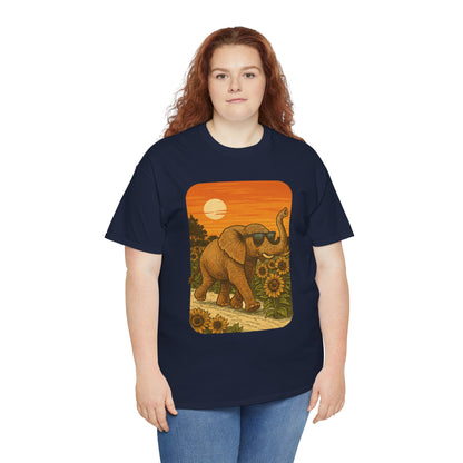 Elephant in Sunflower Field Tee | Vintage Sunset Nature Shirt | Retro Summer Aesthetic Elephant Graphic T-Shirt | Golden Hour Garden TShirt | Unisex Shirt