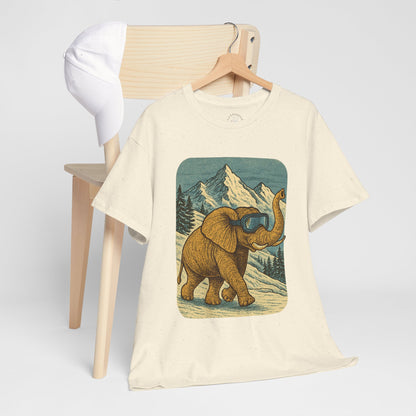 Elephant in Snowy Mountains Tee | Vintage Winter Animal Shirt | Cozy Nature Graphic T-Shirt | Retro Wildlife Illustration | Unisex Elephant Tee